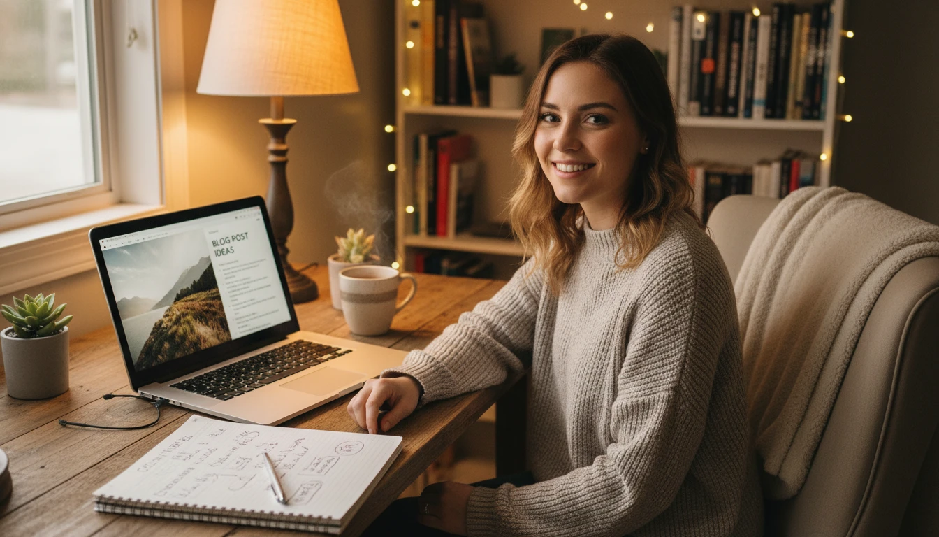 Blogger reviewing image analysis output to plan content for an article at a home desk