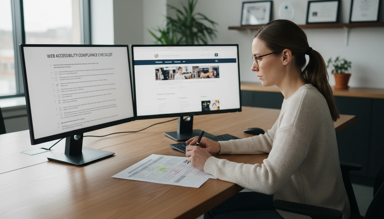Accessibility specialist reviewing image alt text and WCAG compliance on a laptop