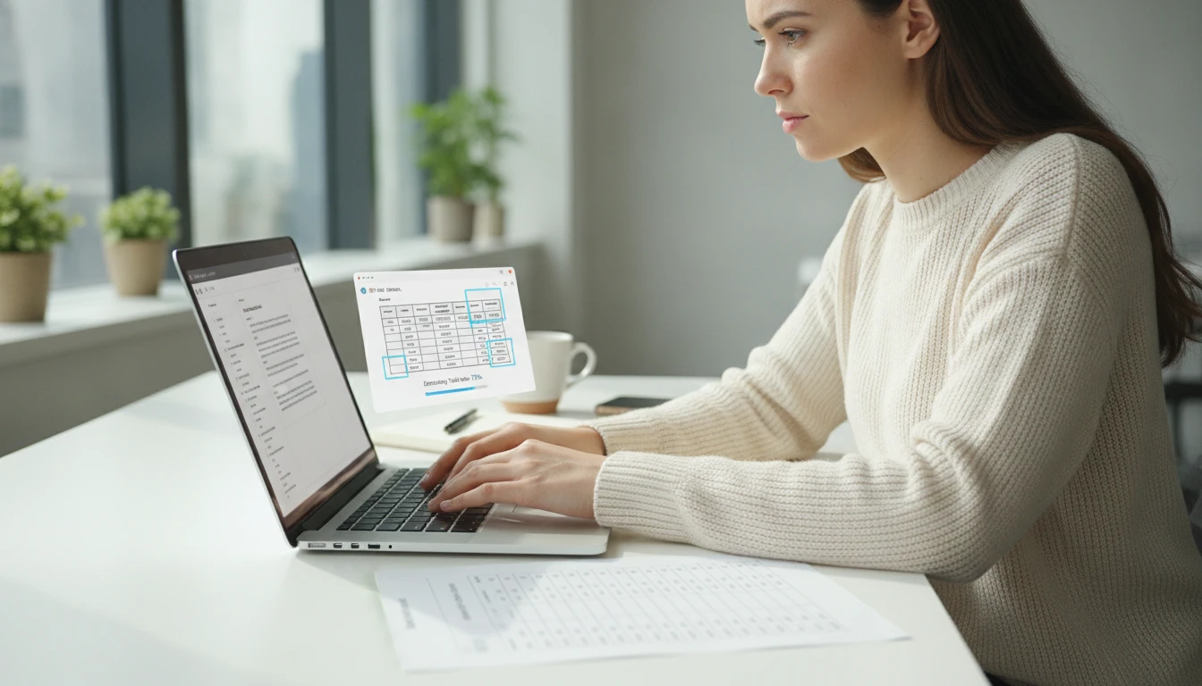 Data analyst at a desk using an AI tool to extract a table from a scanned report screenshot on a laptop