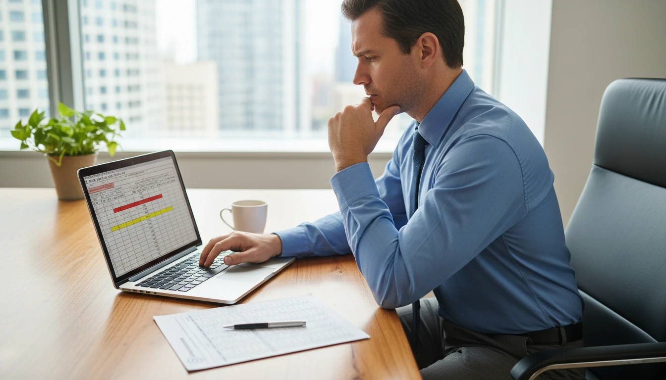 Accountant at a desk reviewing extracted financial table data with flagged cells highlighted on a laptop