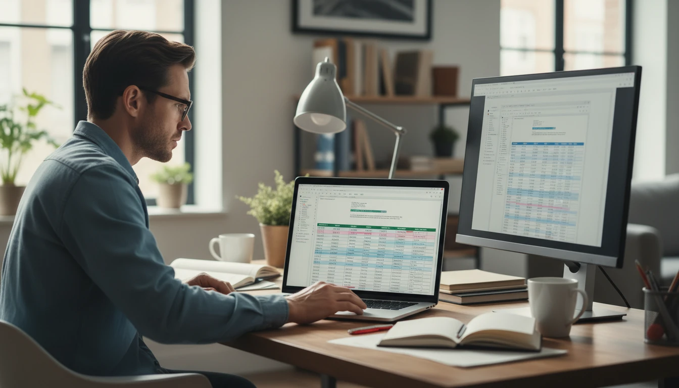 Developer at a desk reviewing a complex multi-header table extracted from a document screenshot on a laptop