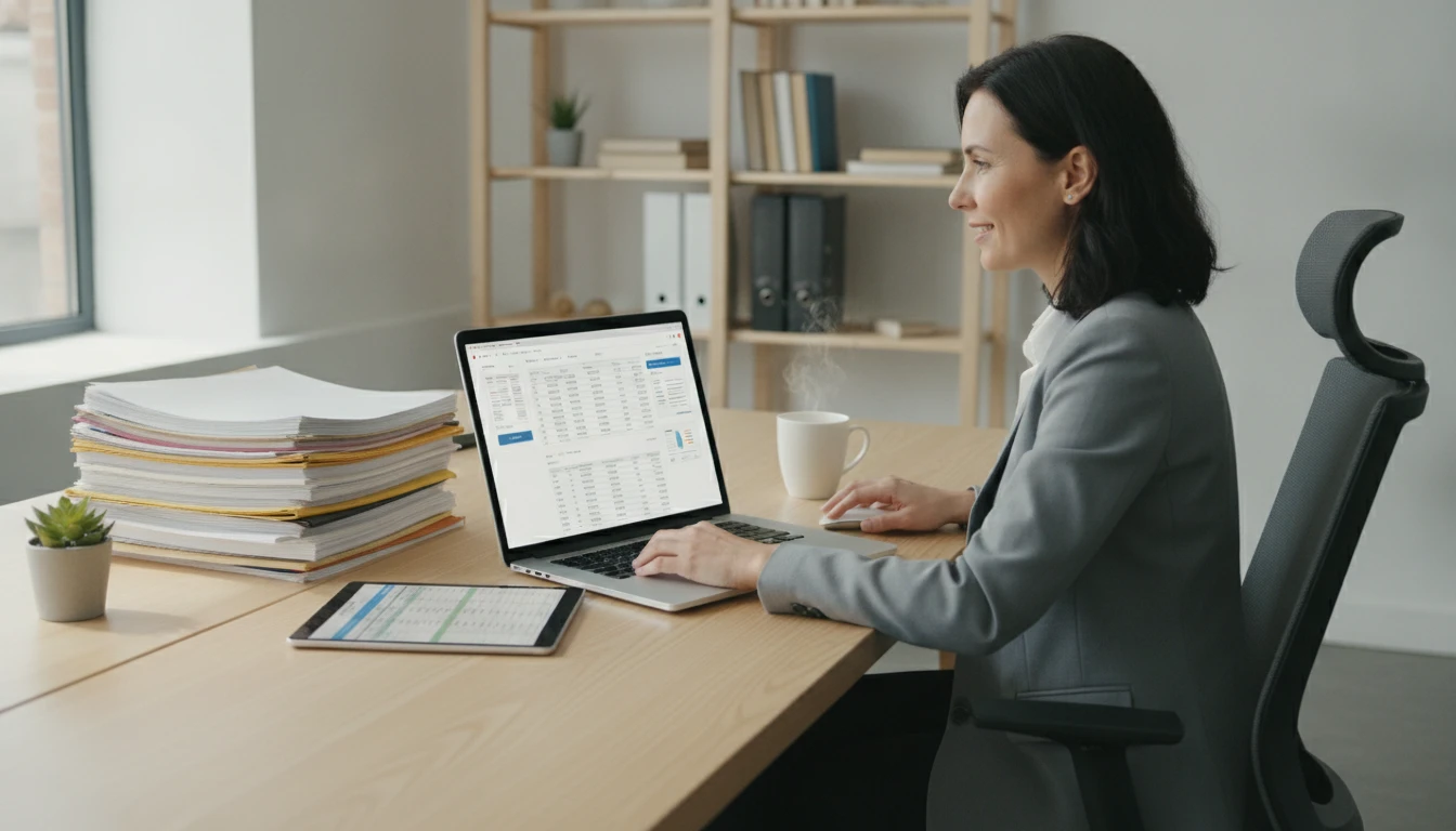 Office worker at a desk extracting table data from multiple document types using an AI tool on a laptop