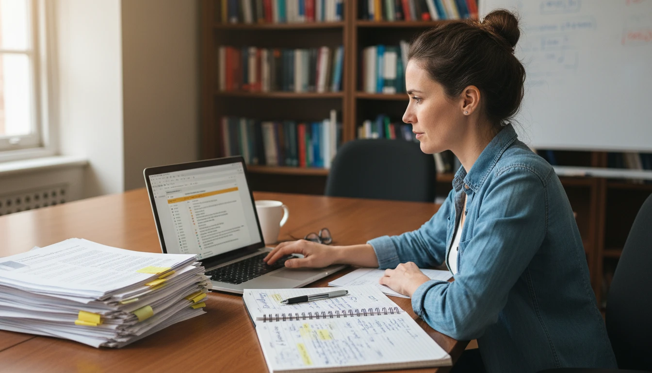 Research analyst at a desk extracting data from a scanned journal article using an AI table tool on a laptop