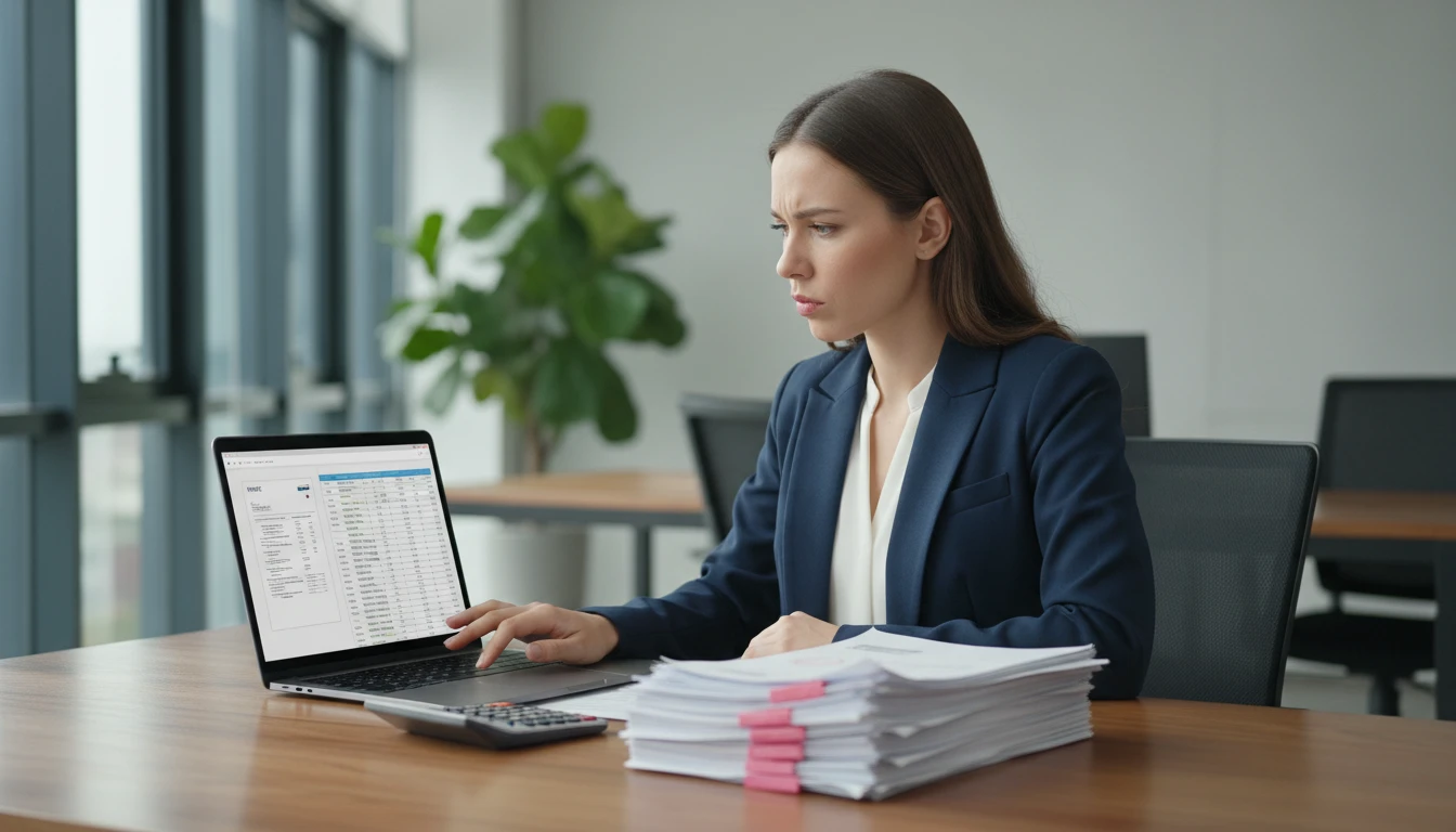 Finance manager at a desk extracting invoice line item data from a scanned document using an AI tool on a laptop