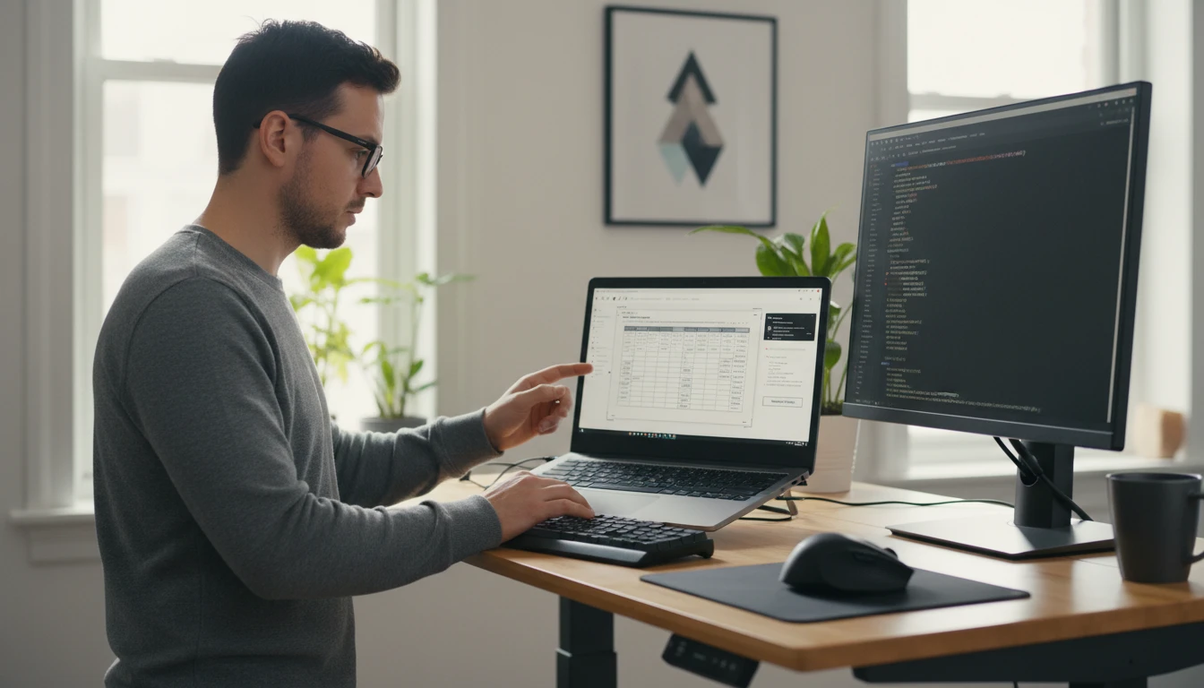 Developer at a desk using an AI table extractor to convert a data table screenshot into structured HTML on a laptop