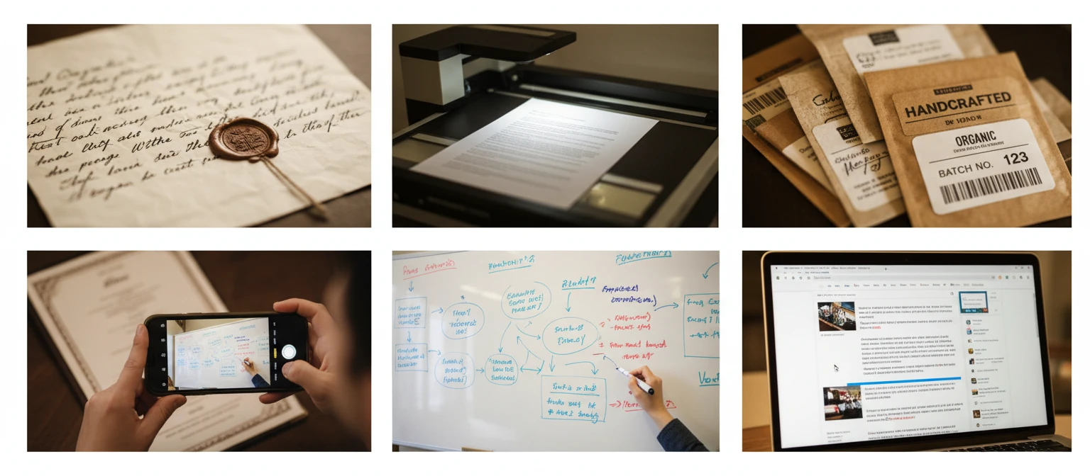 Wide collage of diverse image types containing text: documents, signs, screenshots, handwriting, labels, and whiteboards