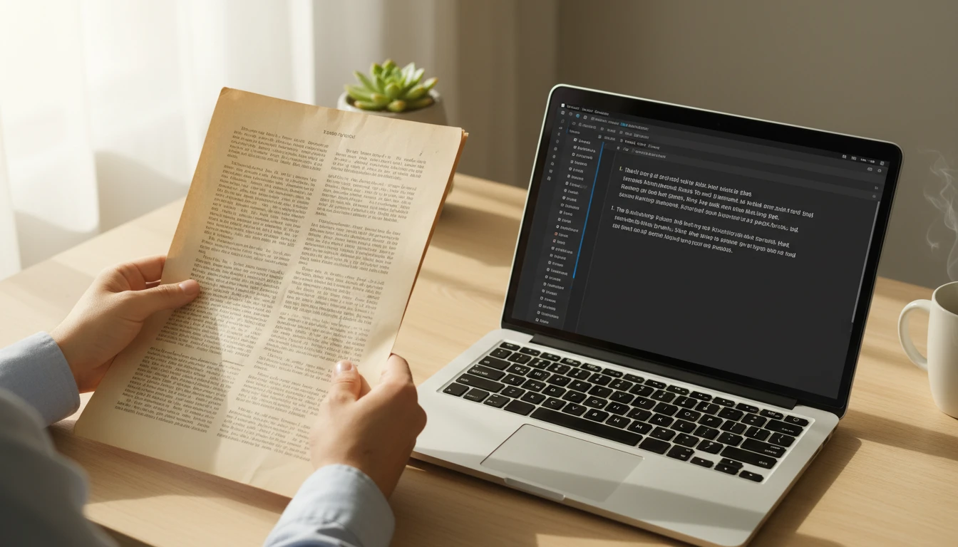 Close-up of a printed document with text being read and digitized on a laptop screen