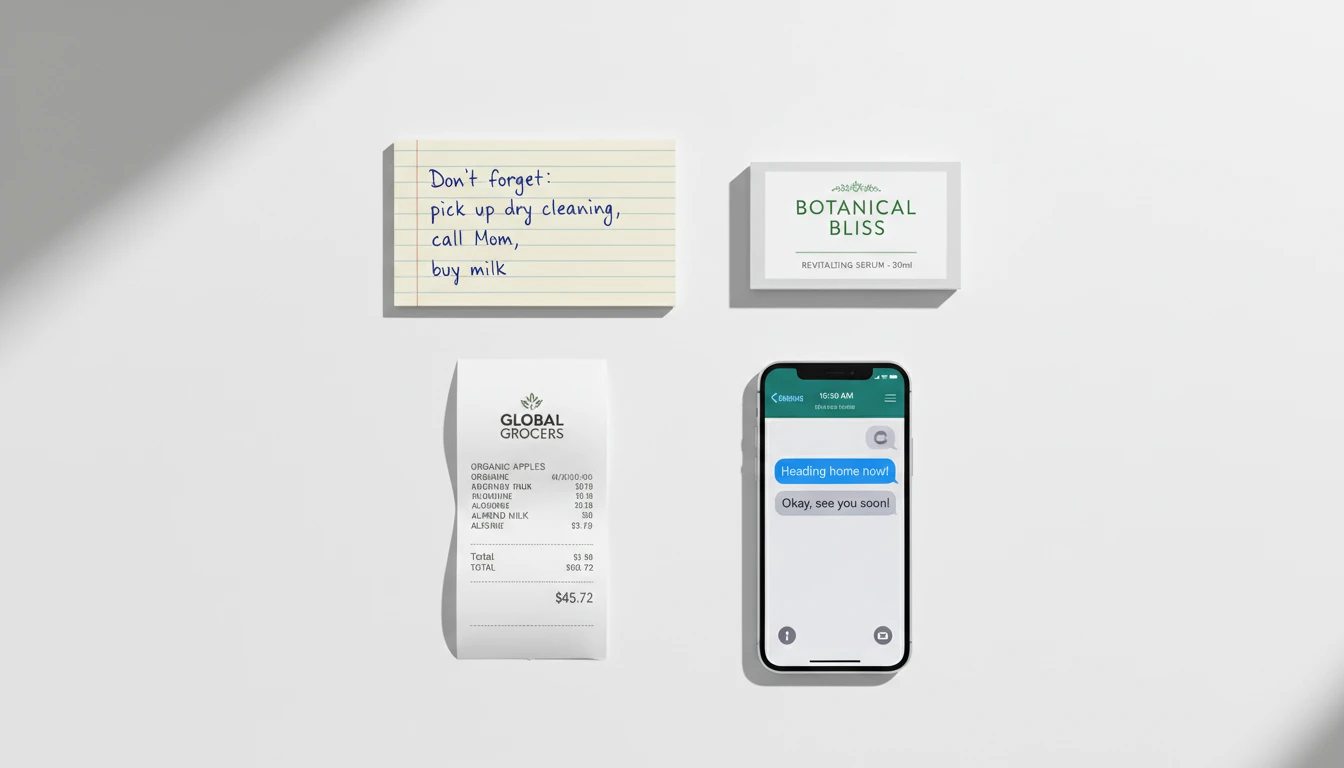Collection of different types of images containing text: a sign, a document, a whiteboard, and a label