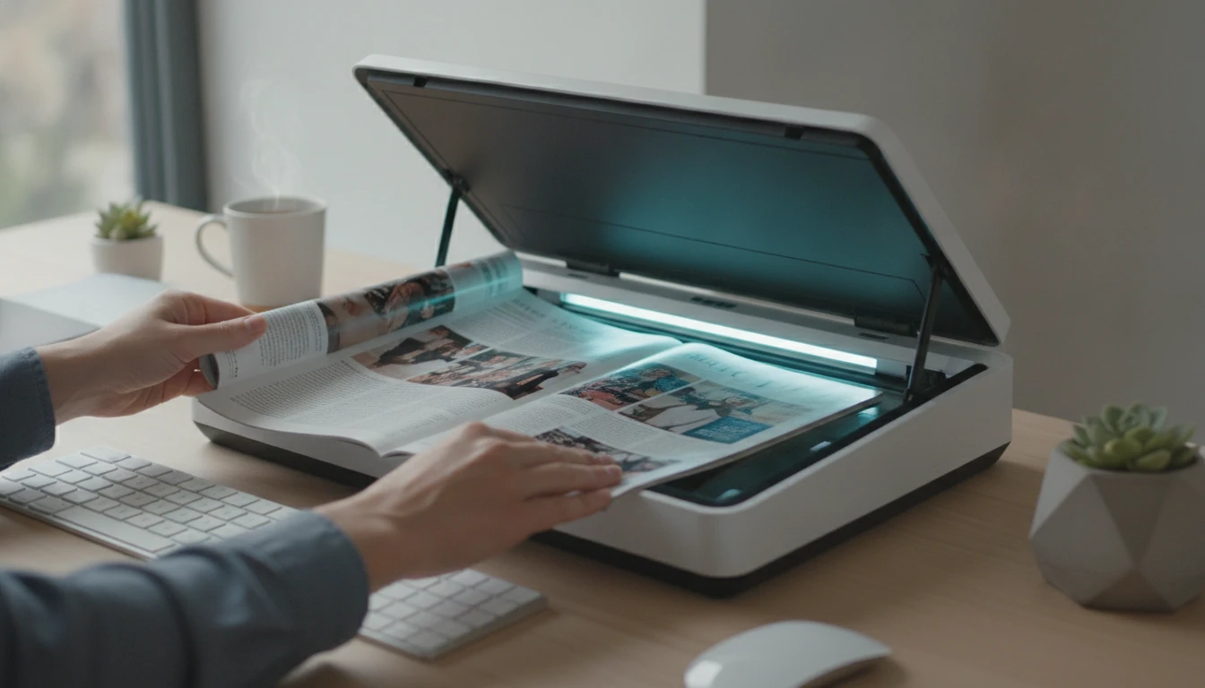 Multi-column printed magazine page being scanned on a flatbed scanner