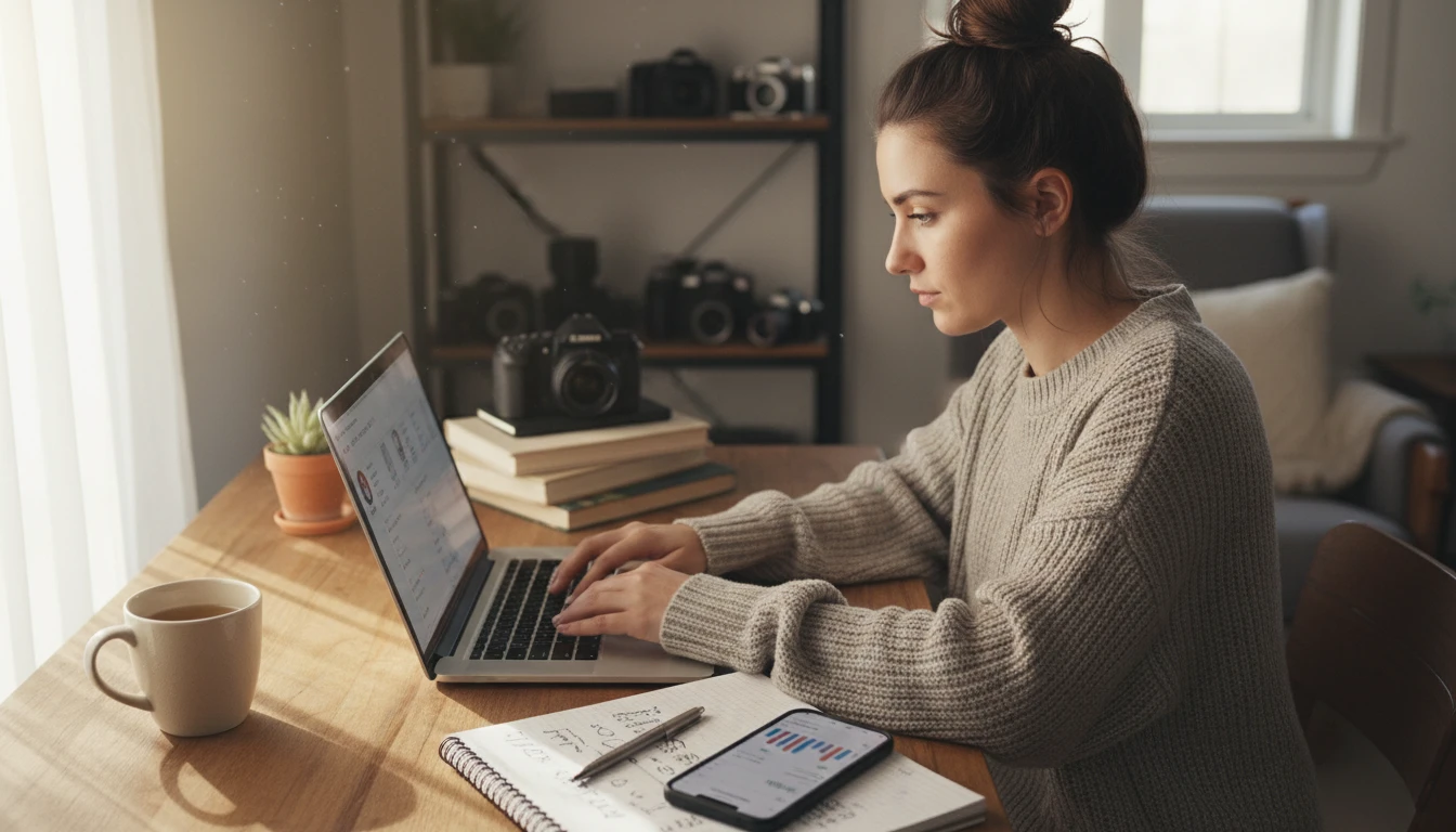 Content creator extracting text from a screenshot on a laptop at a home desk