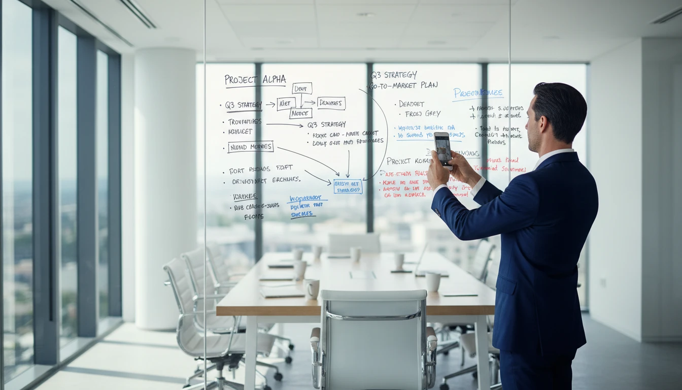 Business professional photographing a whiteboard covered in meeting notes