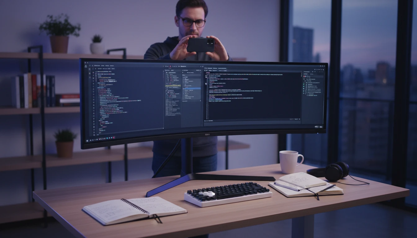 Developer photographing a monitor showing code and error messages to extract the text