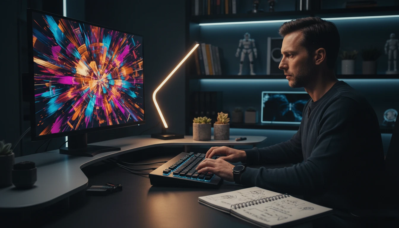AI artist studying a reference image on a monitor and typing a prompt into a text editor