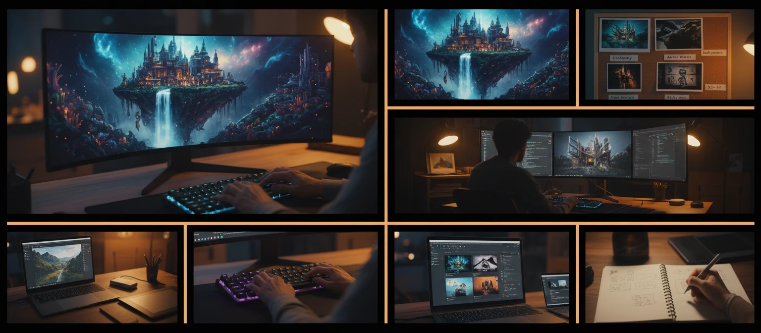 AI art studio showing reference images, prompt text, and generated outputs arranged across creative workstations