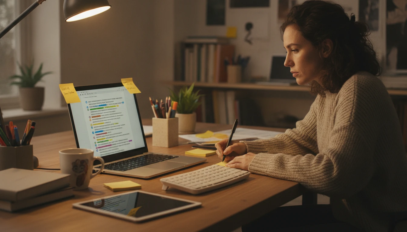 Designer reviewing a set of style keyword tags extracted from a reference image on a laptop screen