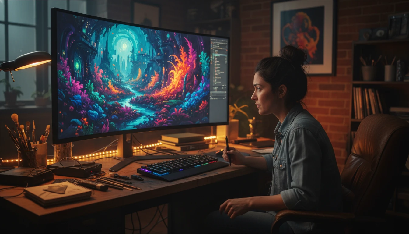 AI artist uploading a reference image and studying the generated prompt in a creative studio