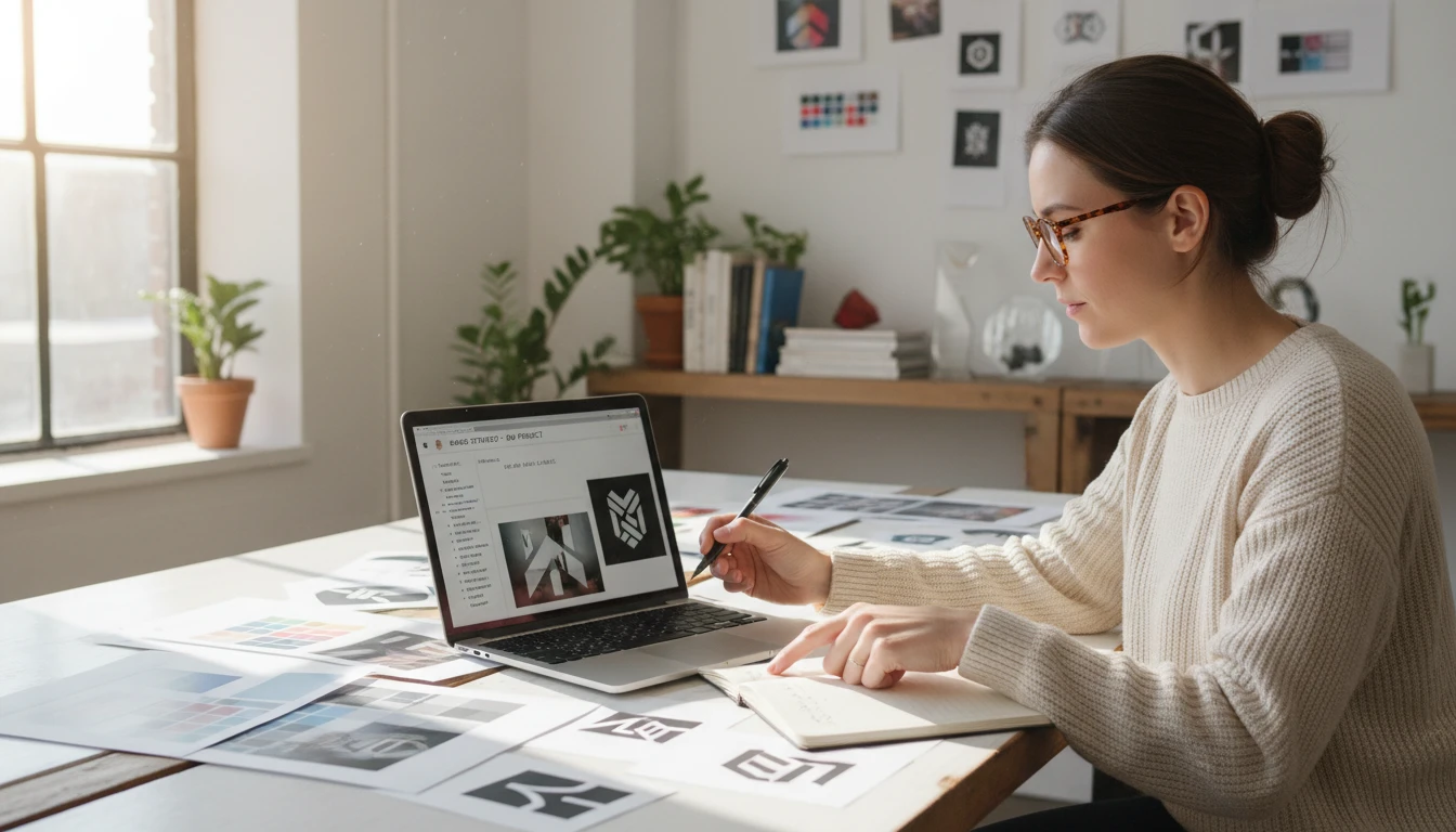 Brand designer uploading a visual reference to get a prompt for a campaign image on a laptop