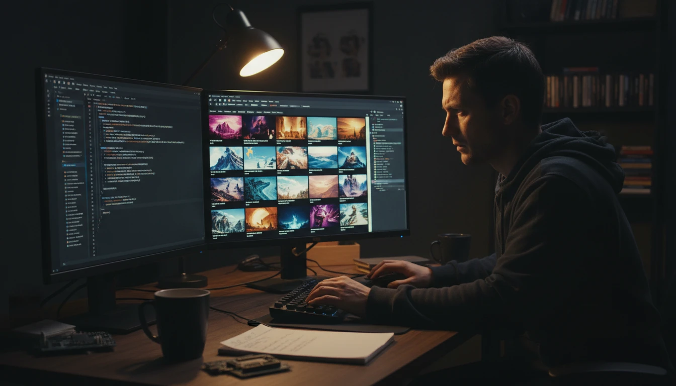 Prompt engineer reviewing image-to-prompt output in a developer environment on a dual-monitor setup