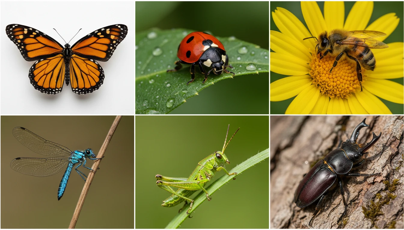 A photo collage grid of diverse insects including a monarch butterfly, ladybird beetle, honeybee, dragonfly, and green grasshopper on natural backgrounds