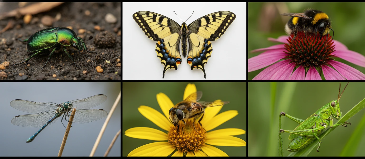 A 21:9 photo collage grid of six insects representing major orders: a beetle, butterfly, bee, dragonfly, fly, and grasshopper on natural backgrounds