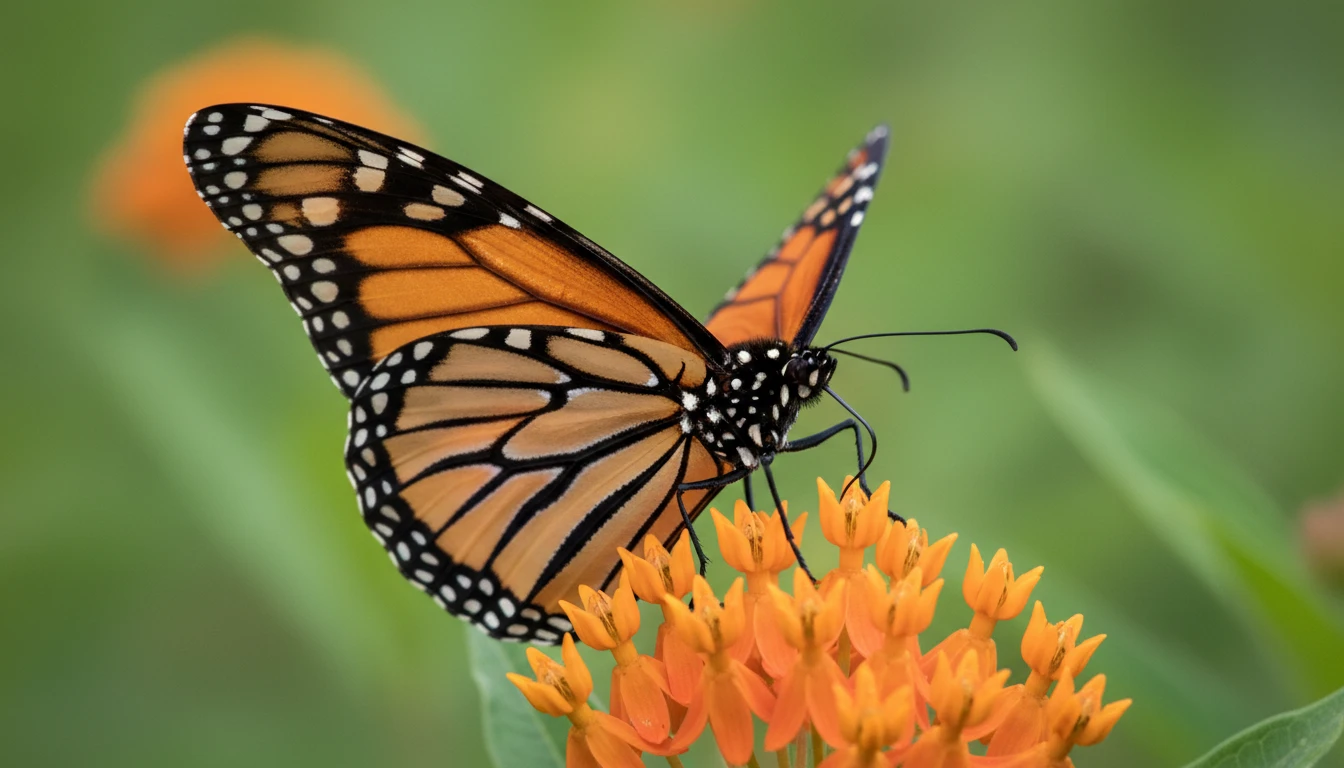 A sharp macro photo of a monarch butterfly resting on a milkweed flower with wings fully open