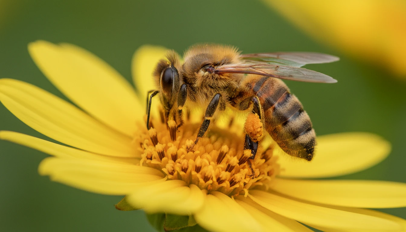 A sharp macro photo of a honeybee collecting pollen from a flower, pollen baskets visible on hind legs