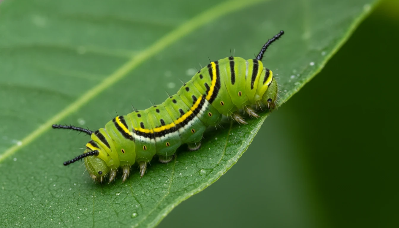 A close-up photo of a caterpillar on a leaf showing a larval stage of a butterfly lifecycle