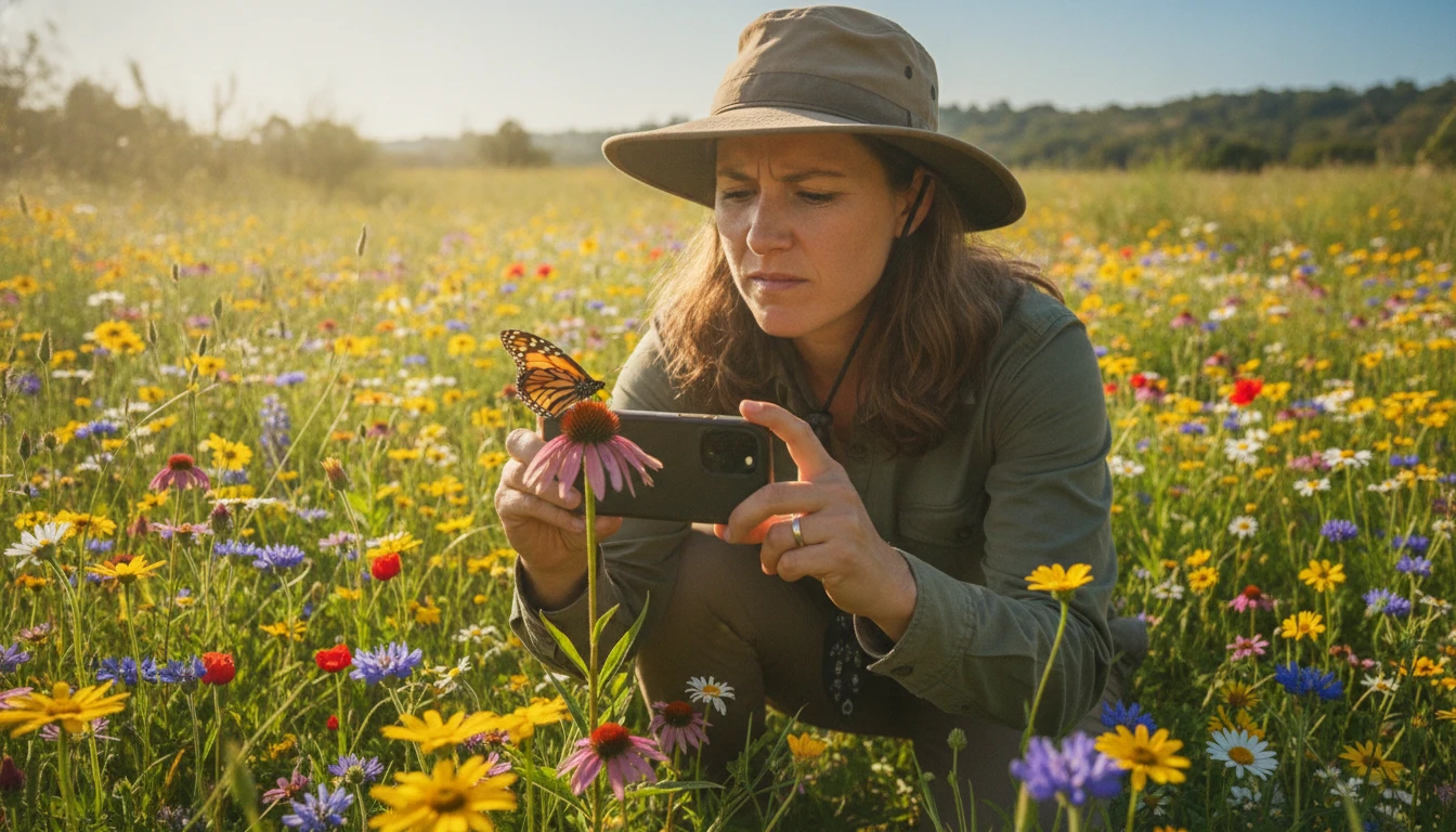A nature enthusiast crouching in a meadow photographing a butterfly with their phone