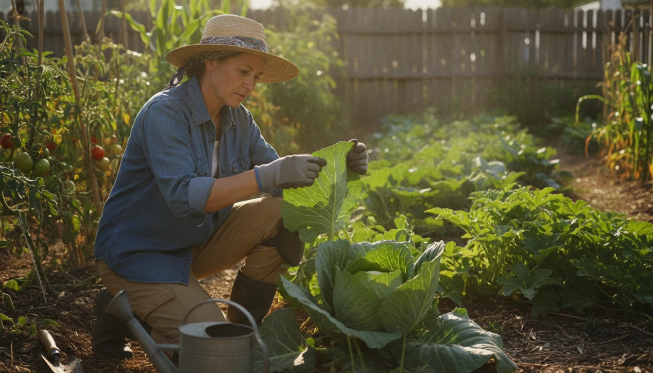 A gardener examining leaves on a plant looking for insect damage in a vegetable garden