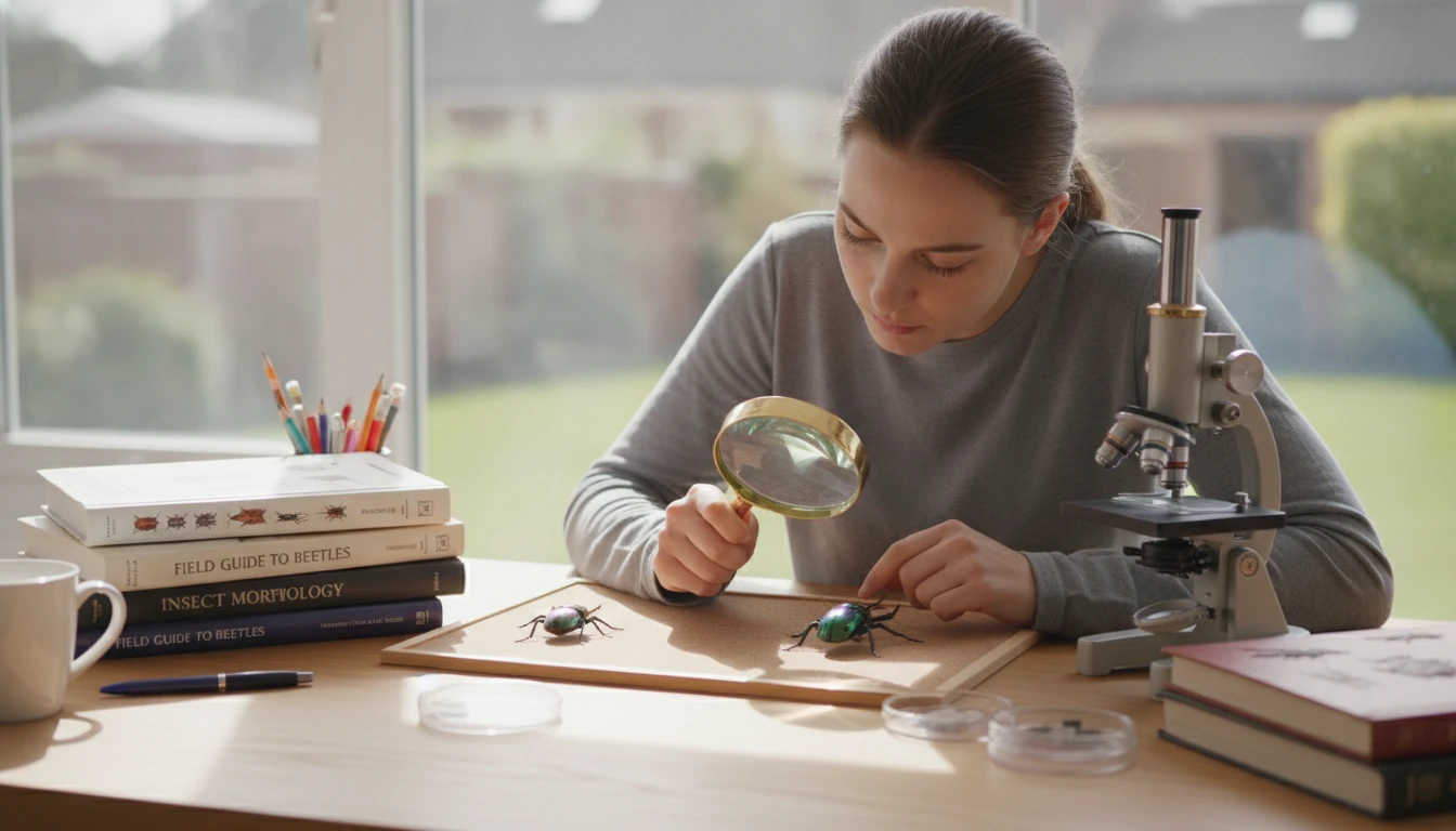 A biology student at a desk examining an insect specimen under a magnifying glass