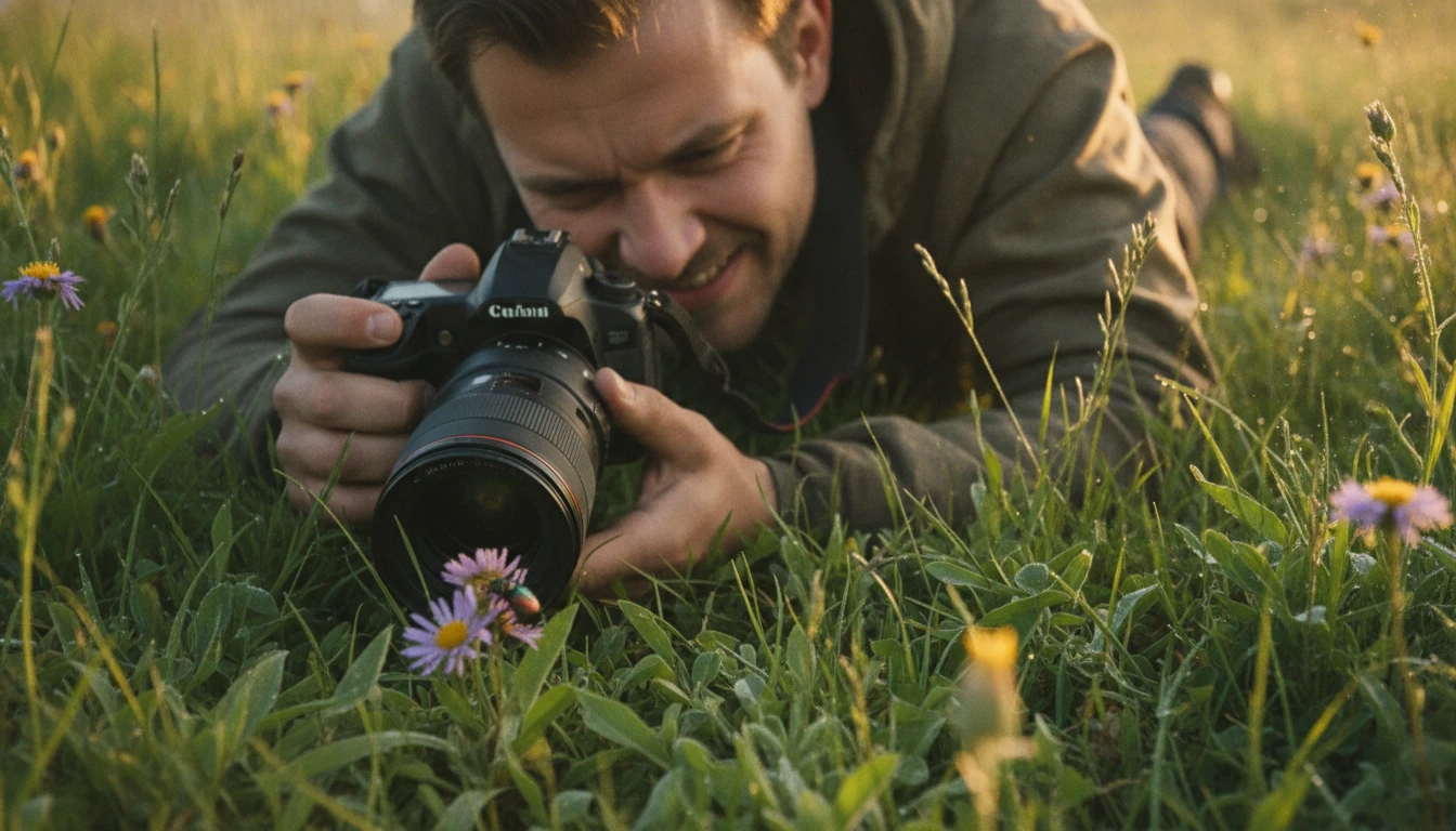 A macro photographer lying in grass photographing an insect on a flower at ground level
