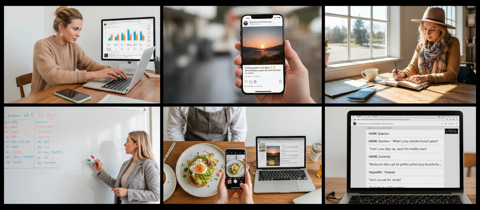Wide editorial collage of content creators, social media managers, and influencers creating Instagram content in various settings