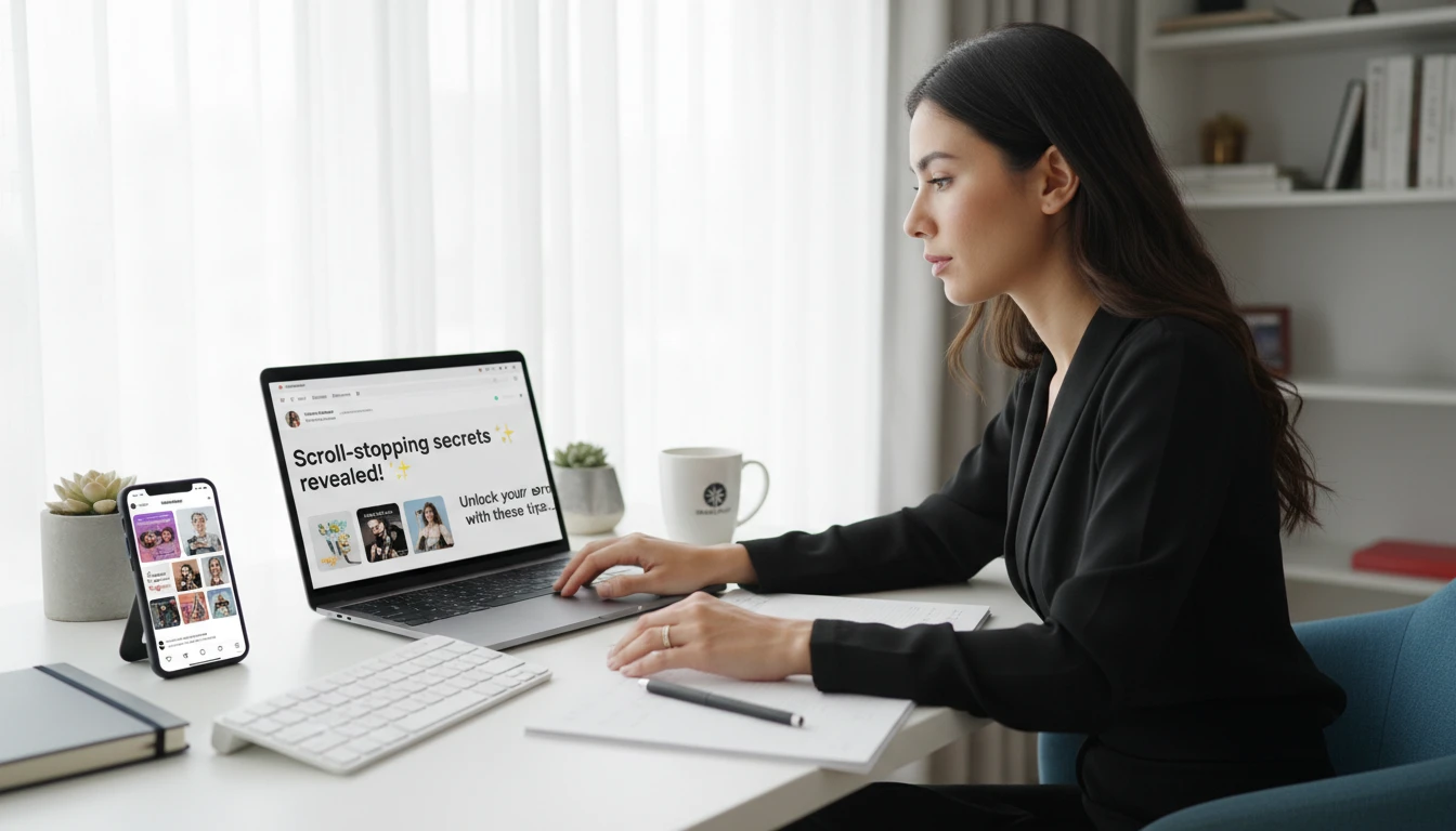 Social media manager at a desk comparing caption hooks on a laptop for an upcoming Instagram post
