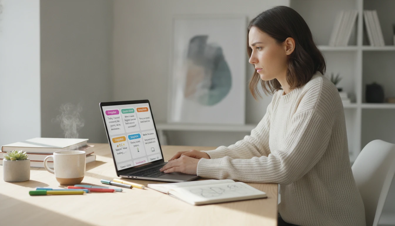 Content creator comparing five distinct Instagram caption options on a laptop with a creative expression