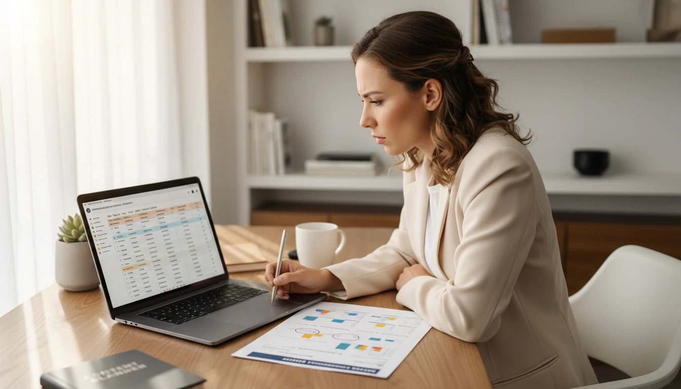Instagram creator at a desk reviewing a tiered hashtag strategy on a laptop for a travel post