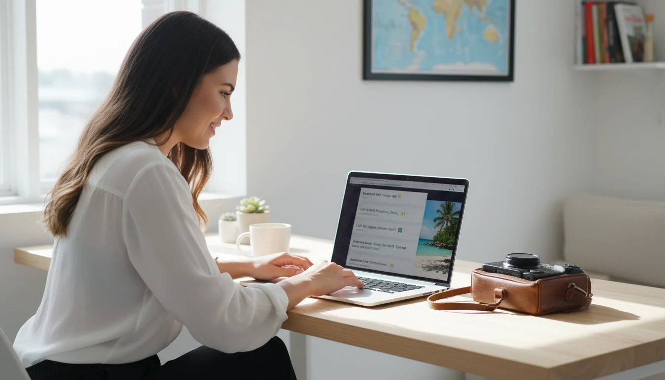 Influencer at a desk generating caption options for a travel photo post on a laptop