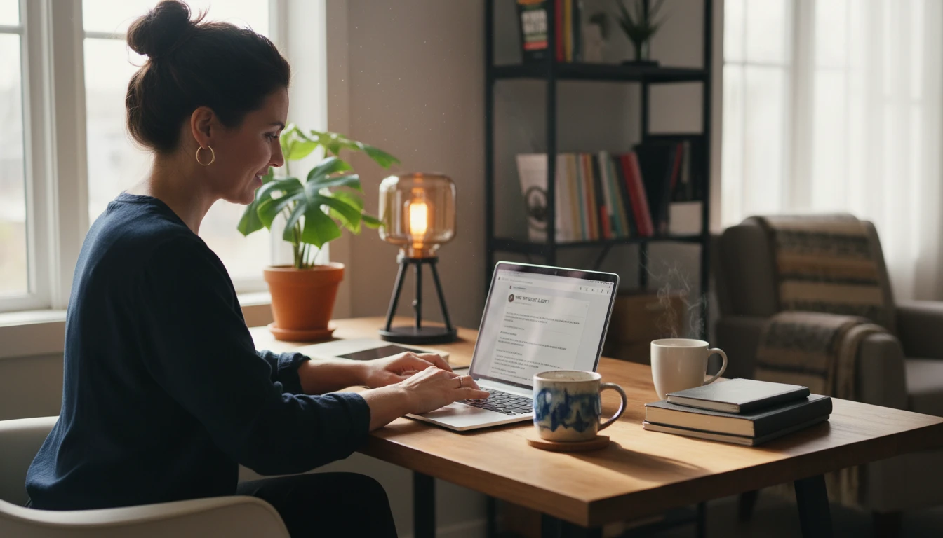Small business owner at a desk generating Instagram captions for a product launch on a laptop