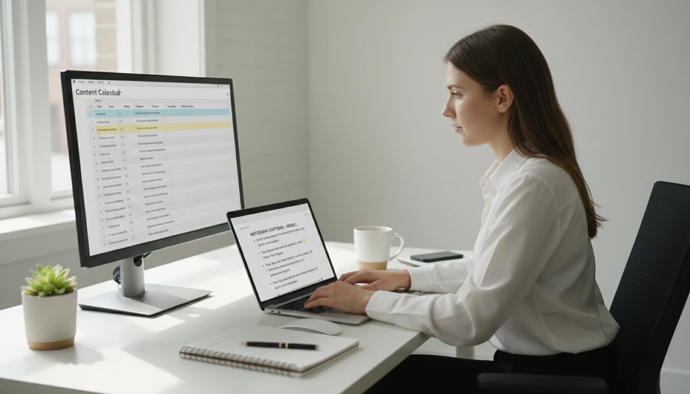Social media manager at a desk generating a week of Instagram captions for a client on a laptop