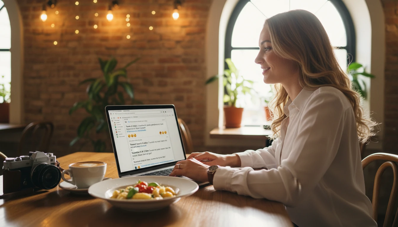 Travel creator at a café generating Instagram captions for a food and travel post on a laptop