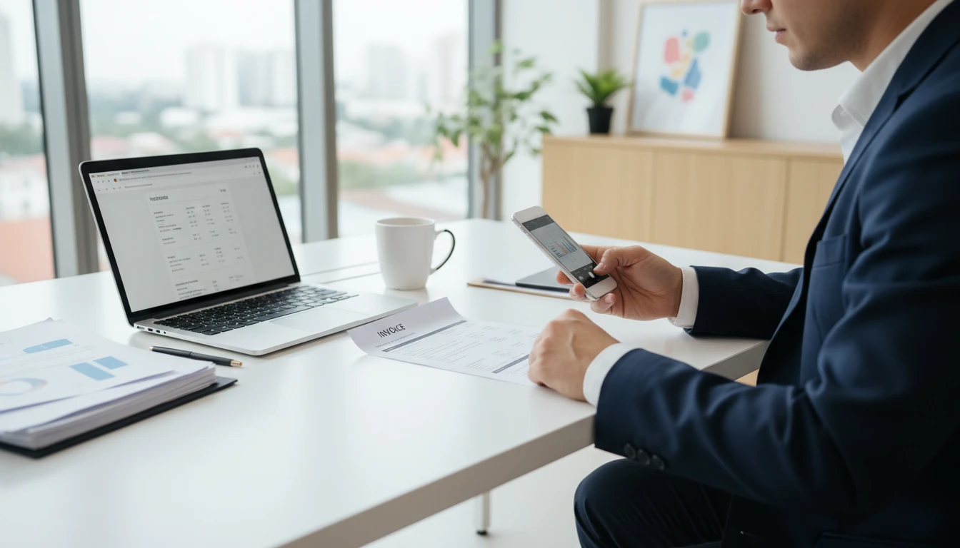Business professional scanning a paper invoice on a desk with a phone and laptop nearby
