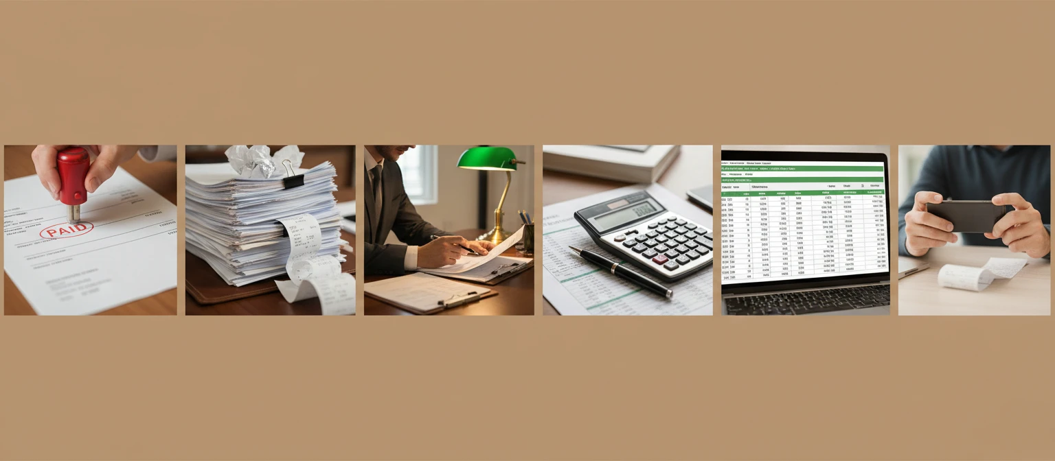 Wide panoramic flat-lay of multiple invoices, receipts, and financial documents spread on a clean desk