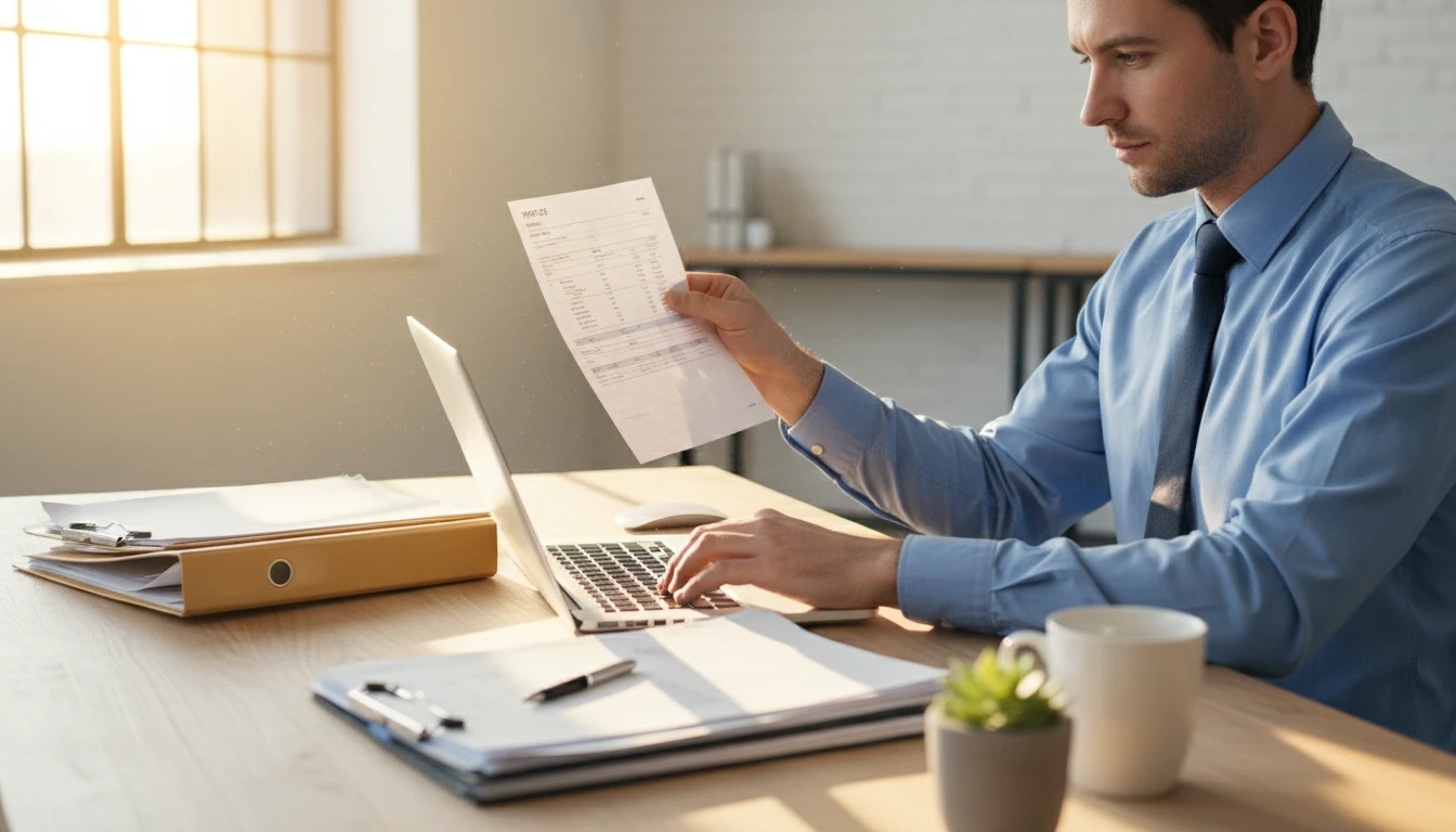 Accountant reviewing a stack of invoices at a desk and entering data into a laptop