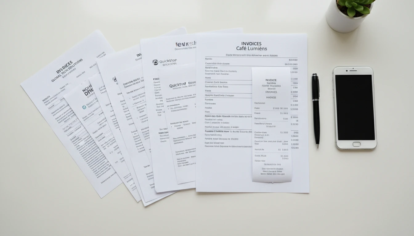 Pile of invoices from different vendors and countries in various formats on a desk