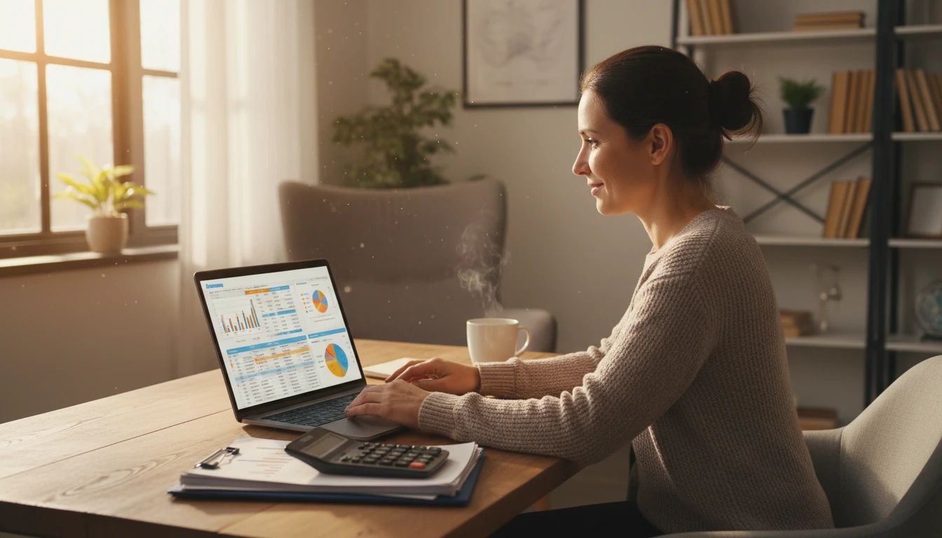 Bookkeeper reviewing organized invoice data on a laptop in a home office