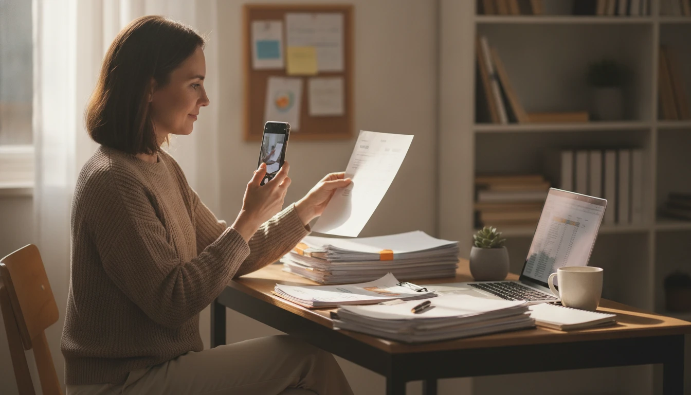 Small business owner scanning invoices on a phone at a small business desk