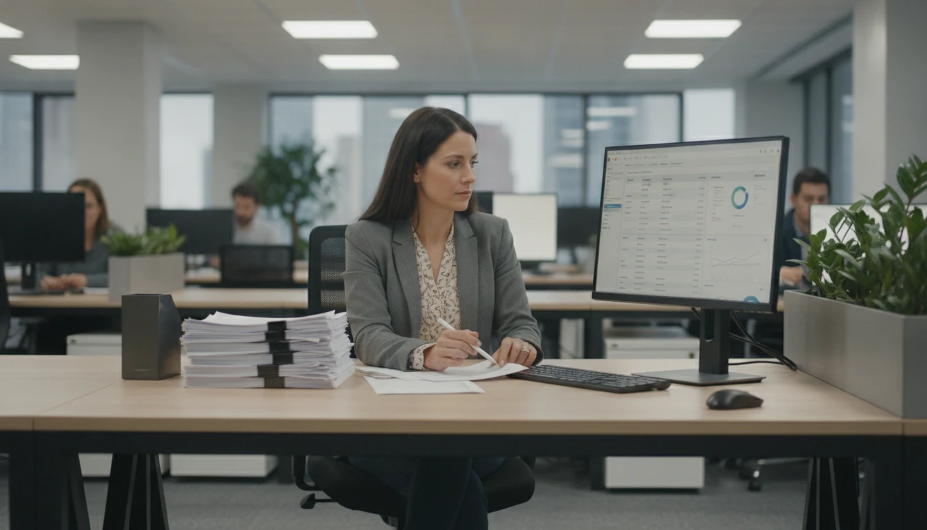 Accounts payable professional processing a stack of vendor invoices at an office desk