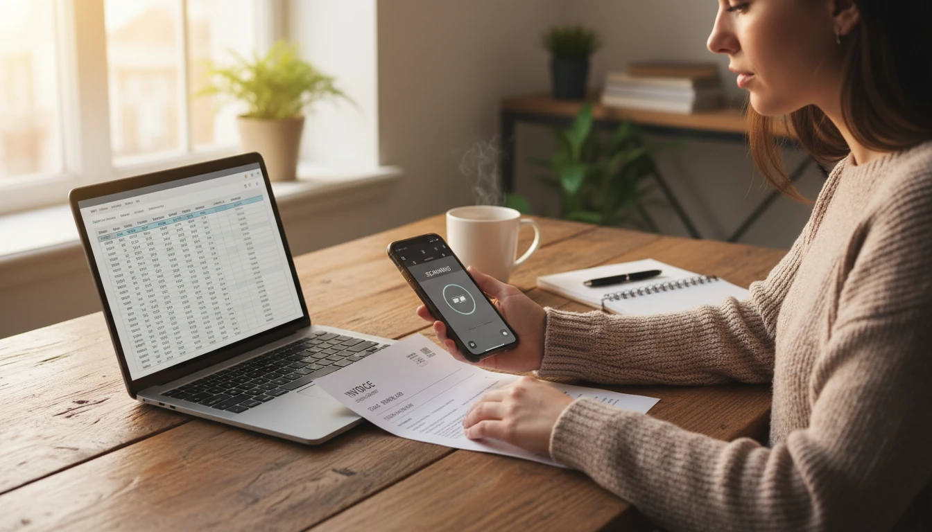 Freelancer scanning an invoice at a home desk with a laptop and documents