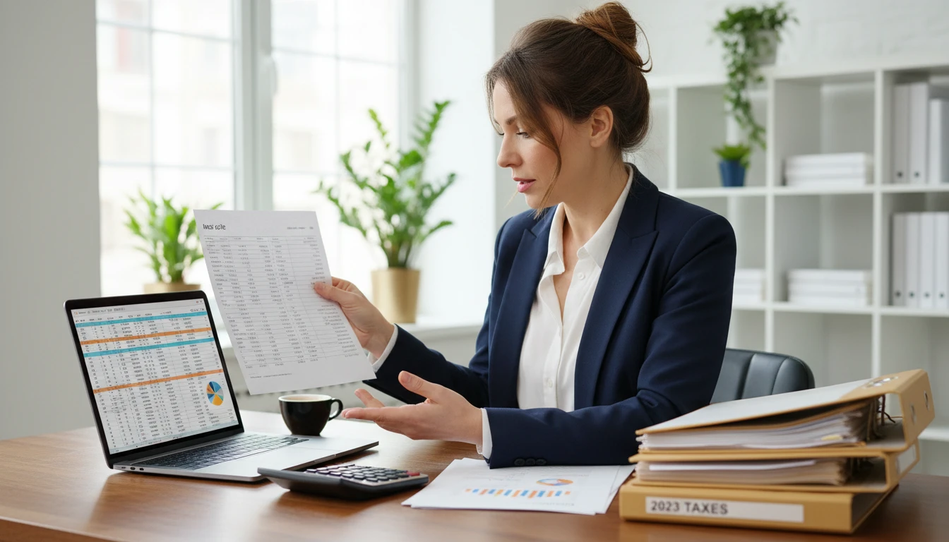 Tax accountant reviewing invoices and financial documents at a professional desk