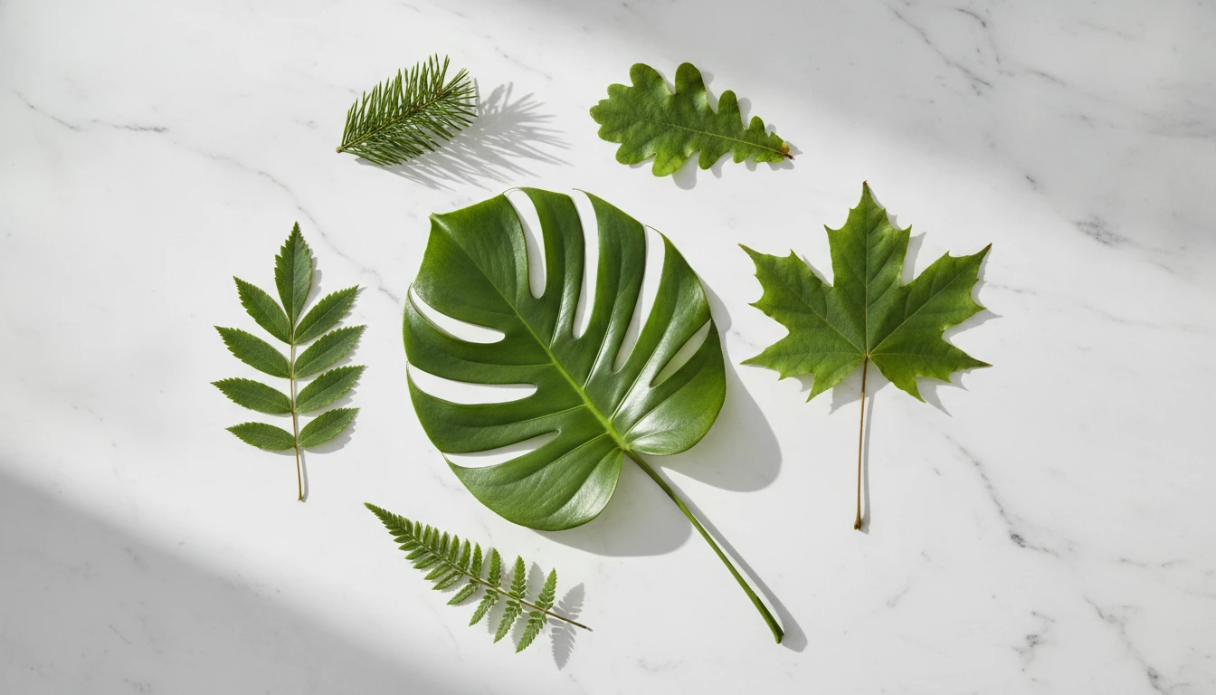 A flat lay botanical collage of diverse leaves including a monstera, maple, oak, fern frond, and pine needle branch on a white surface
