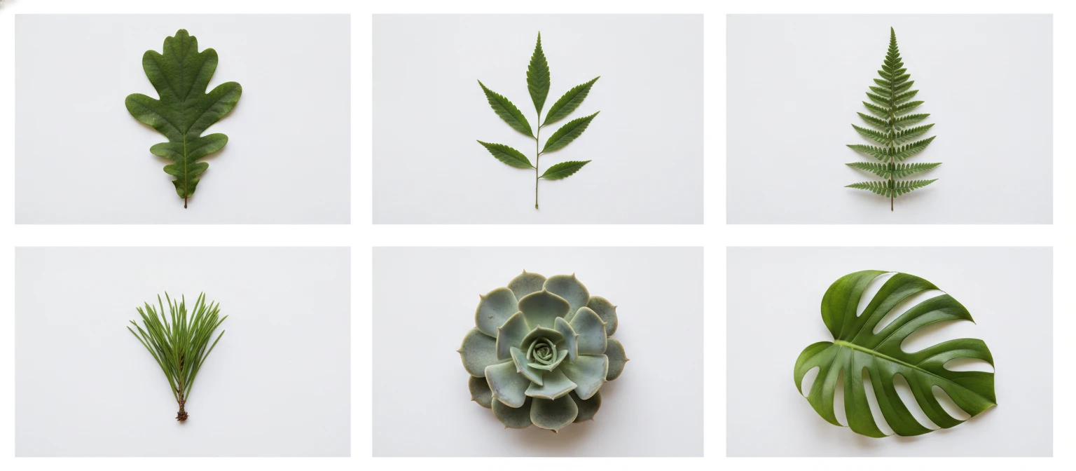 A 21:9 photo collage grid of six distinct leaf types: oak, maple compound, fern frond, pine needles, succulent rosette, and tropical monstera on white backgrounds